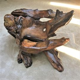 Amazing Cypress tree chair purchased from a Carmel Gallery. Measures 52 inches wide by 36 inches deep by 34 inches at the tallest point.