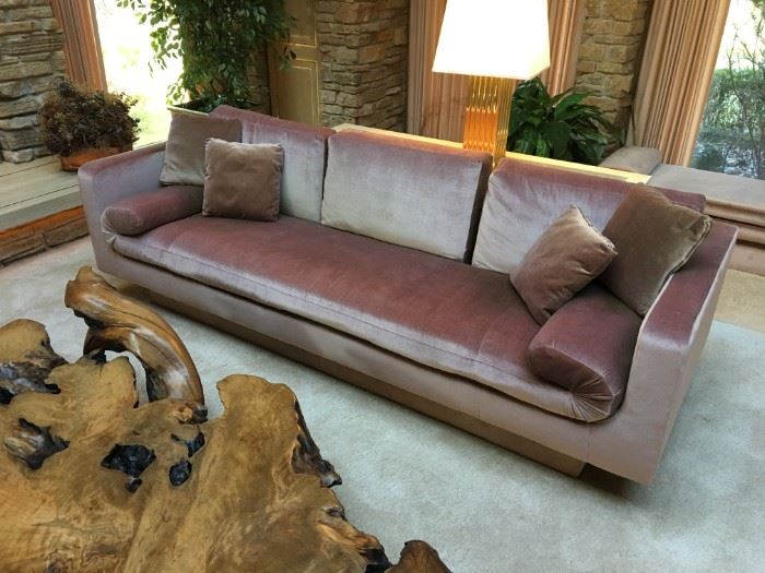 One of two sofas - each measures 92 inches long by 34 inches deep by 24 inches high to the top of the armrest and 31 inches high to the top of the back cushions. Fabric has some fading and wear but great bones overall.