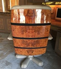 Huge burled wood and leather boardroom captain's chair measures 45 inches tall. Seat is 24 inches wide and 34 inches wide from arm to arm. Seat is 18 inches deep.