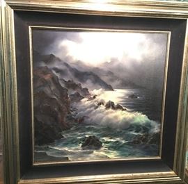 Original seascape painting by Rosemary Minor. Frame measures 34 inches square, image area measures 24 inches square.
