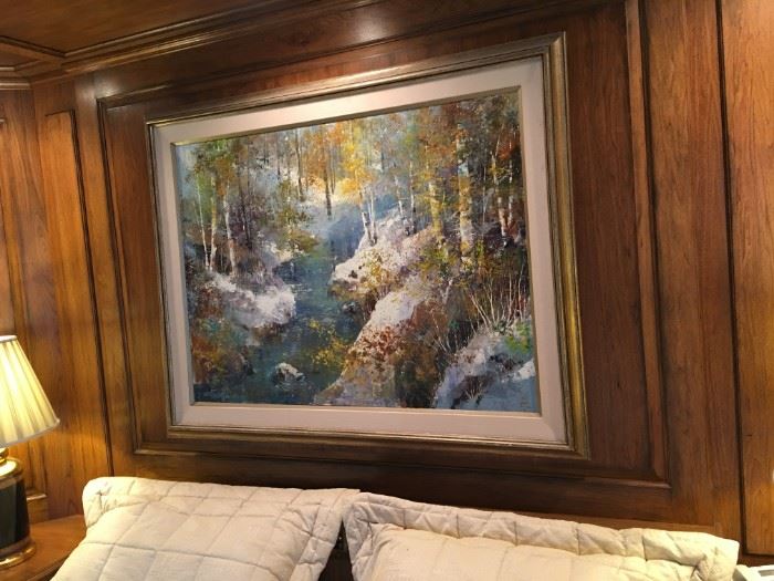 Large Jack Laycox original landscape painting. Frame measures 57 inches wide by 45 inches high.