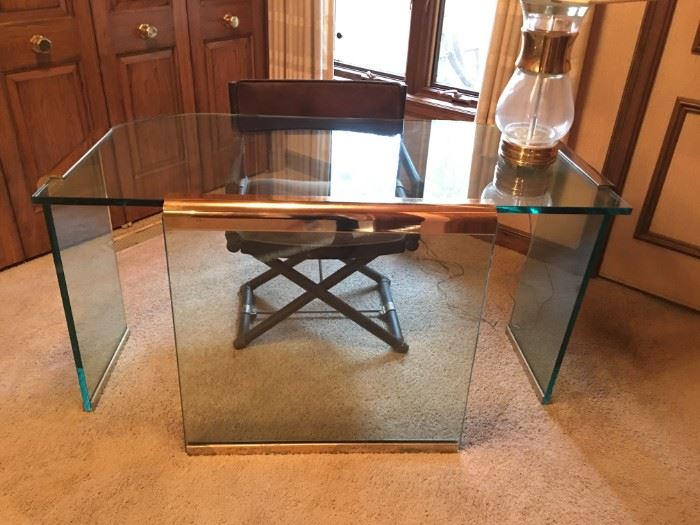 Glass and brass waterfall desk attributed to Leon Rosen for Pace.
