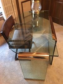 Glass and brass waterfall desk attributed to Leon Rosen for Pace.