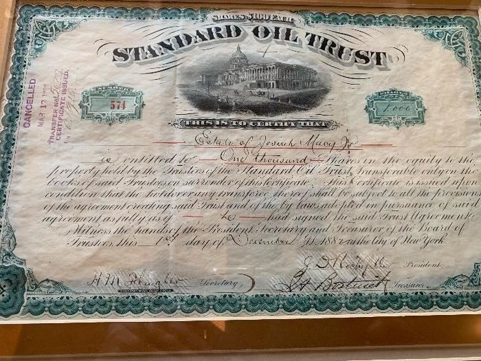 Rare antique stock certificate signed by John D. Rockefeller and made out to the Estate of Josiah Macy - the founder of Macy's