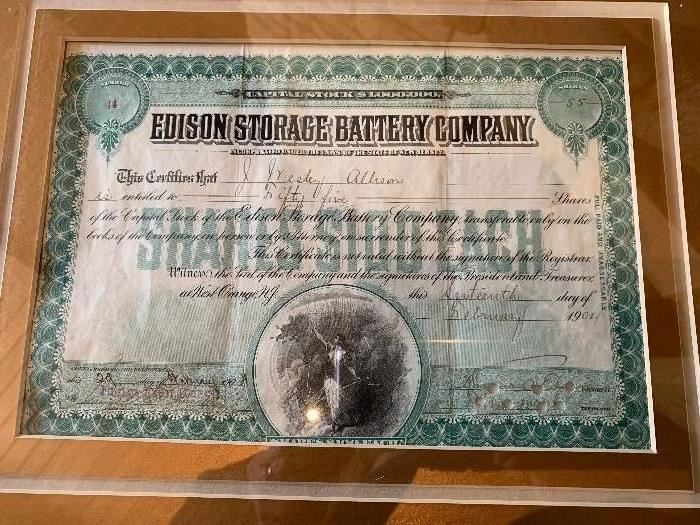 Early Edison stock certificate signed by Thomas Edison