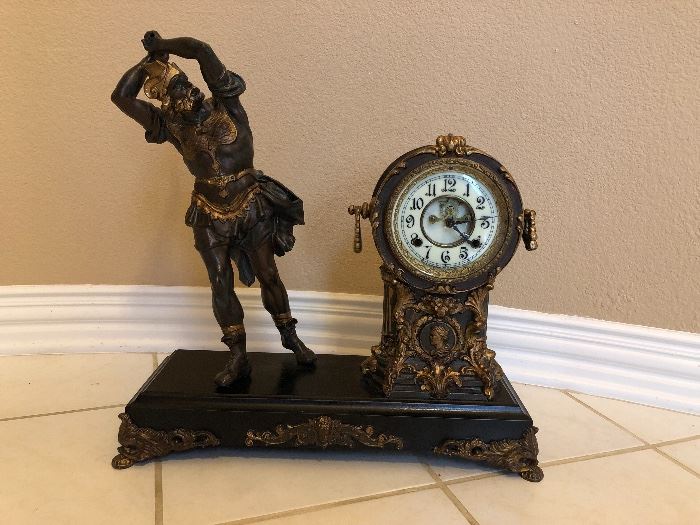 Antique Wood Haven T&S Warrior Statue Clock - Victorian Mantel Clock