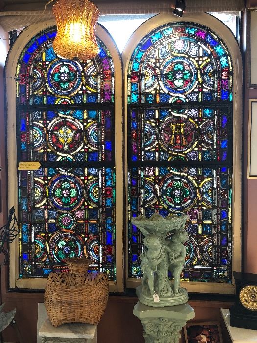 Pair of large Stained Glass Church Windows, Akron provenance