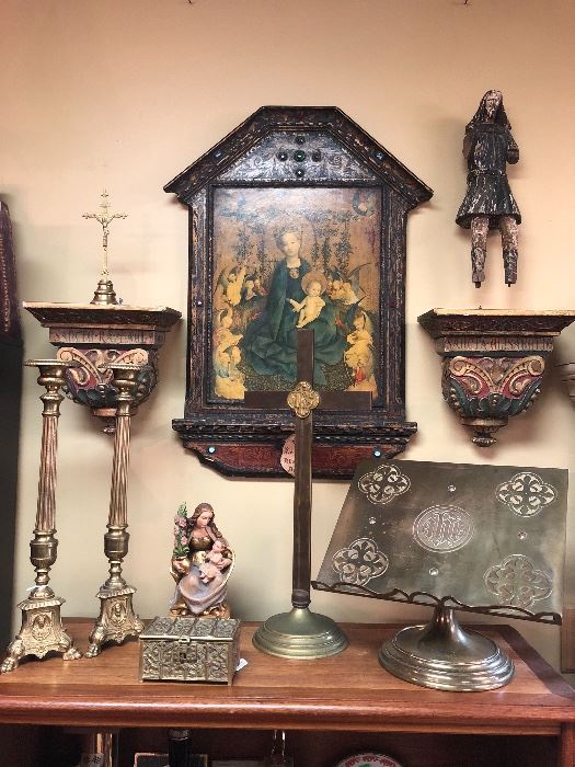 A variety of antique and vintage religious artifacts and architectural elements