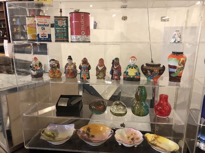 Vintage Japanese satsuma pottery figures and cabinet vases, art glass, Noritake