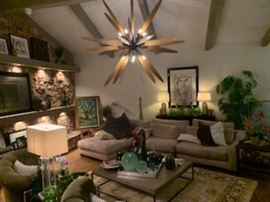 Restored Mid-Century Chandelier, Signed Art Paintings, Lucite Lamps, Persian Rug, Vintage Colored Glass Collectable. 