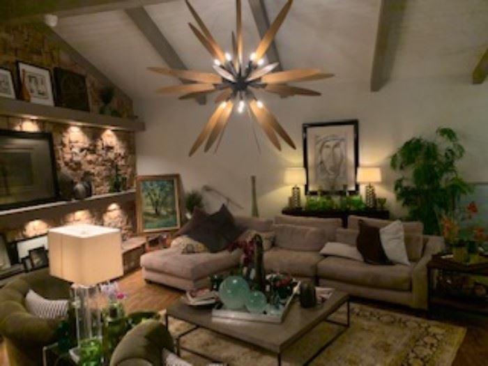 Restored Mid-Century Chandelier, Signed Art Paintings, Lucite Lamps, Persian Rug, Vintage Colored Glass Collectable. 