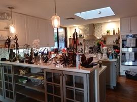 Various Metal Art Collectables and People Statues, All Kitchen Cookware Accessories, Dishes and flatware 