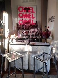 Channel Bar Service with two Channel Lucite High Chairs.  Channel Art Piece, Metal Bar sign