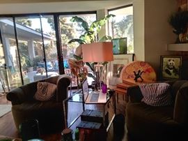 Two Single Chairs, One Lucite Lamp, One Metal and Glass Table