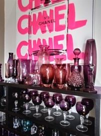 Channel Signed Art Piece and Vintage Vases in Various tones of purple