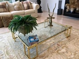 Metal & Glass Rectangular Coffee Table with Ibex Sculpture and Potted Fern
