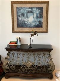 Wood and Metal Filigree Table, Art, Books and Horse Statuary