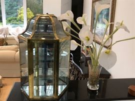 Small Table Top Curio in Metal & Glass and Artificial Floral Arrangement - Cala Lillies 