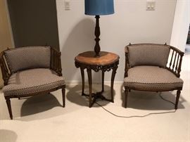 Pair of Chairs with Carved Side Table and Lamp