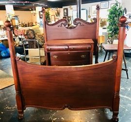 Antique, ornately carved, mahogany bed with great detail. This set has a matching dresser & mirror.