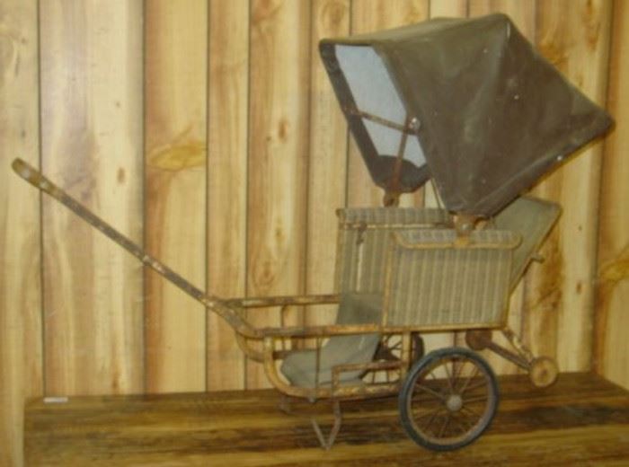 Antique Metal & Wicker Baby Buggy