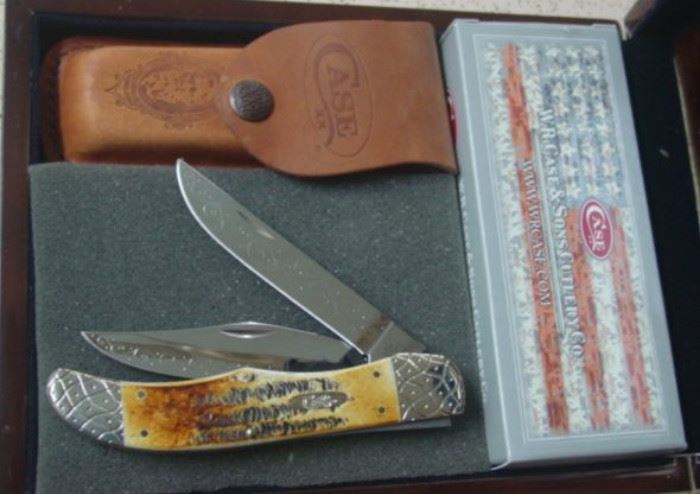 Case XX Folding Hunter Knife w/Stag Handles & Sheath. Engraved Bolsters & Blades By Artist Joshua Kidd