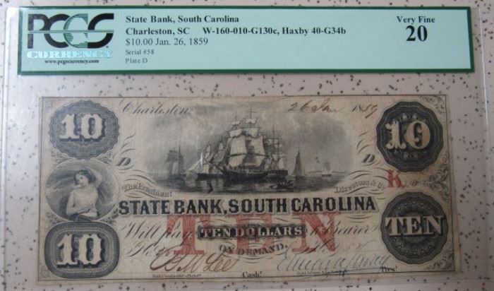 Graded 1859 State Bank, South Carolina $10.00 Note