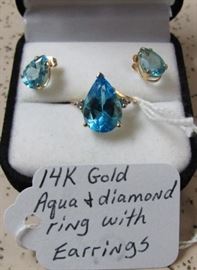 14K Gold, Aqua & Diamond Ring with Earrings