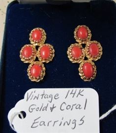 Vintage 14K Gold & Coral Earrings
