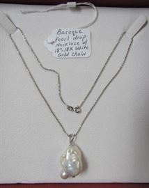 Baroque Pearl Drop Necklace w/18" 18K White Gold Chain