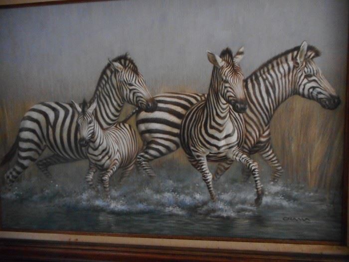 Original Signed Oil, Wild Zebras 