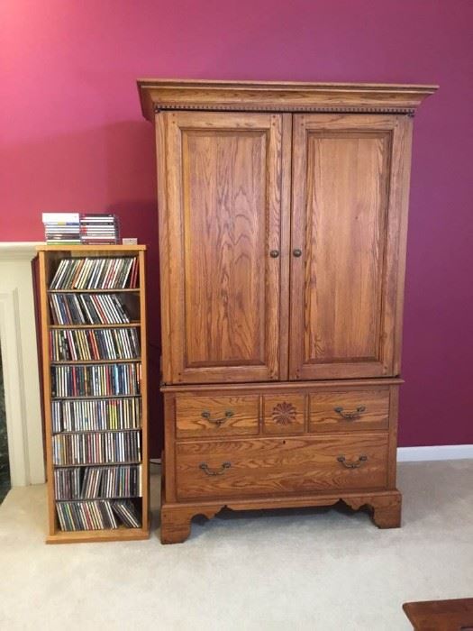 300 CD Collection, Oak Armoire, and CD Shelf Lot