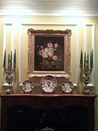 Imari Plates, Pair of Italian Renaissance Style Candelabras and a large Oil on Canvas of Flowers