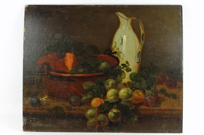 Still life painting of fruit and a pitcher, oil on board