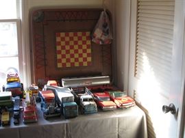 Early toy trucks and cars, Tonka, Japan Friction, Carom board