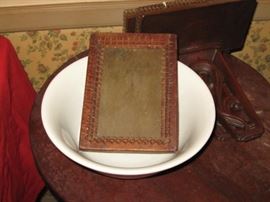 Tramp Art Frame in white ironstone bowl