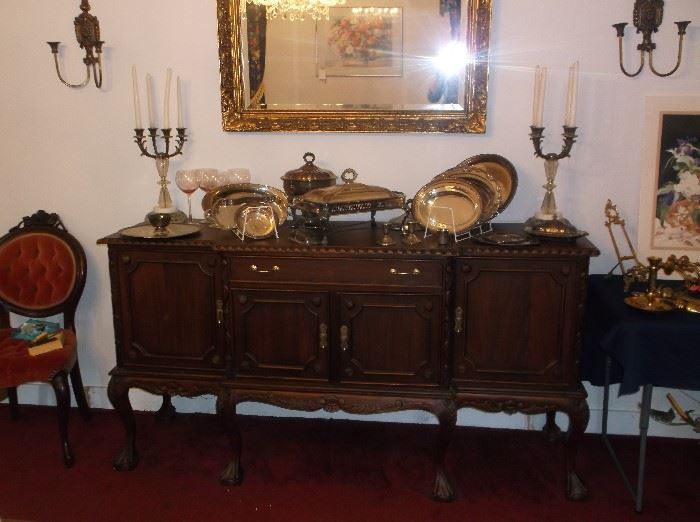 Chinese Chippendale  mahogany buffet and silverplate