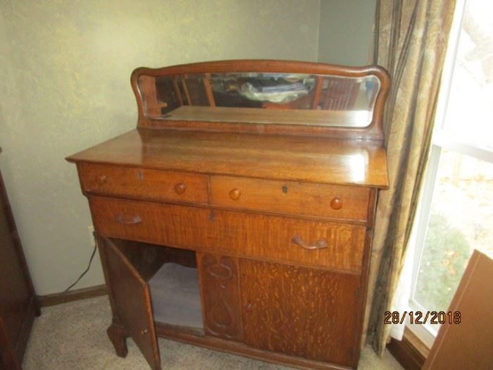ANTIQUE BUFFET WITH BEVELED MIRROR