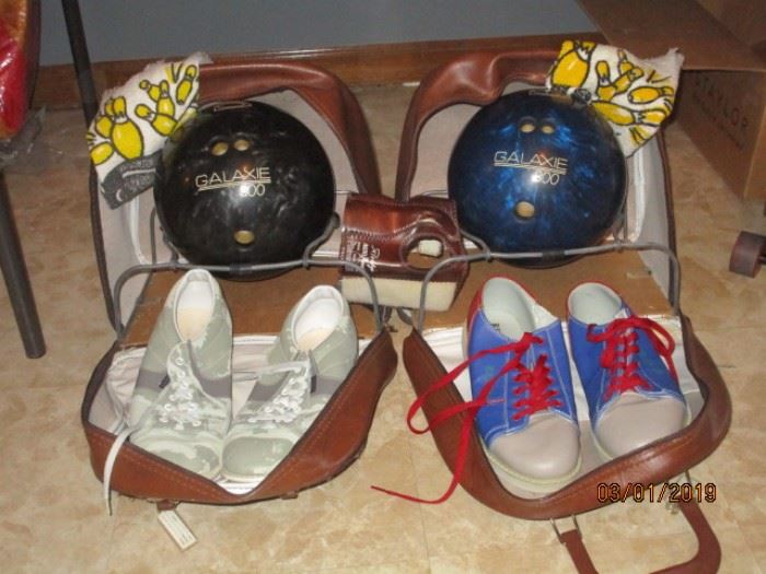bowling balls with cases and shoes
