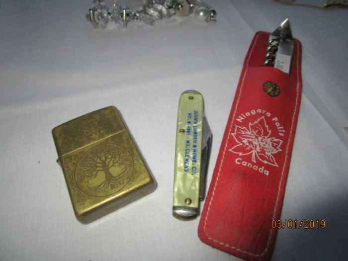 Vintage Zippo lighter, advertising knife and bottle opener