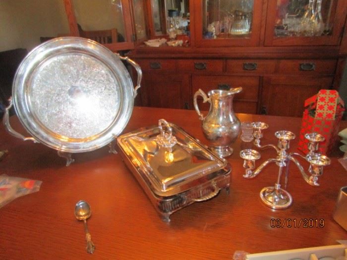 Silver plate handled tray and casserole, etc