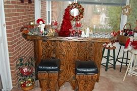 Handcrafted/carved stand alone bar with 2 stools