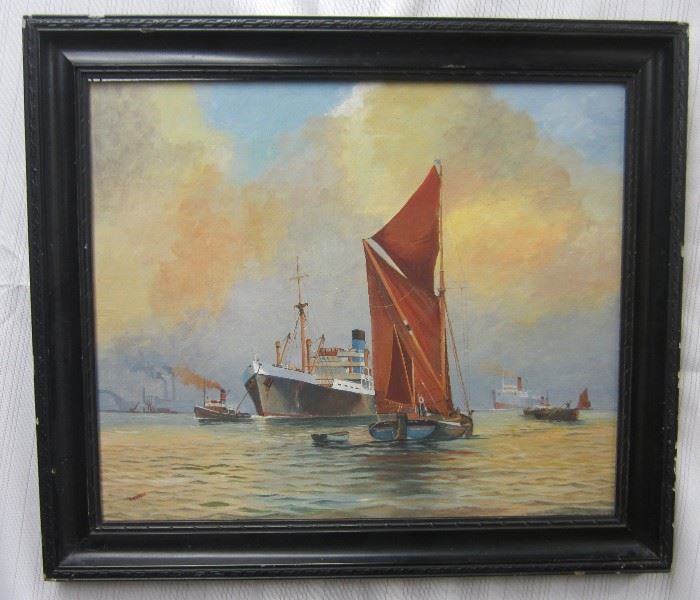E.W. Baker signed painting on panel of cargo ships, tug boat and sail boat. Likely a New York Scene. 15" x 18". Some Scratches