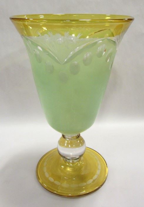Art glass compote vase: 9.75" tall, mint green flashed, chartreuse foot and rim. Cut pattern.  Loetz style
