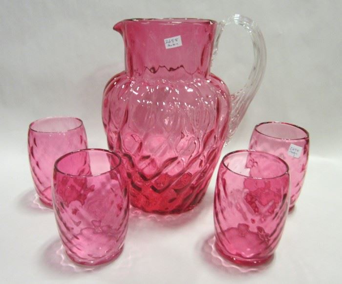 Fenton cranberry Diamond Optic pitcher and juice glasses