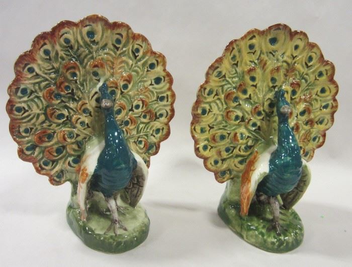 Majolica peacock vases
