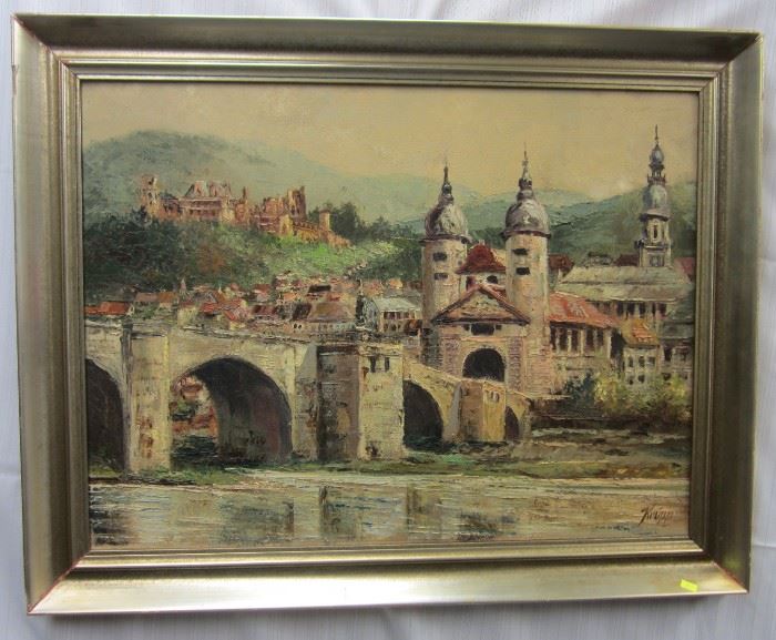 Ernst W. Krupp (1870-1960, Germany): oil on canvas of Old bridge in Heidelberg on the Neckar 