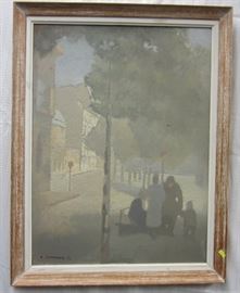 John Semmence (1930-1985, England): 1956 painting on masonite panel of a street scene