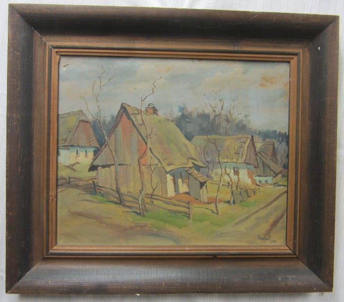 Swedish water color on fiber panel of country houses. Signed and dated 