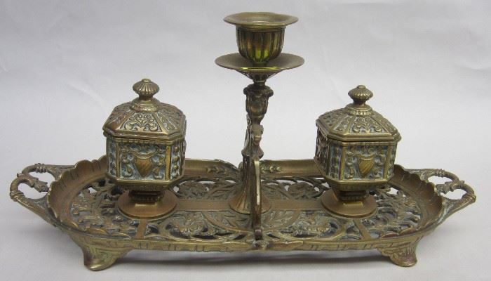 Antique English brass double inkwell with candle holder. William Tonks & Son. 4th qtr 19th century registry mark on base